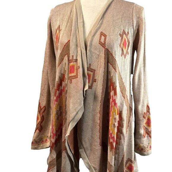 Long Cardigan M Tan Red Orange Aztec Southwestern Open Artsy Earthy Cowgirl - Picture 3 of 13